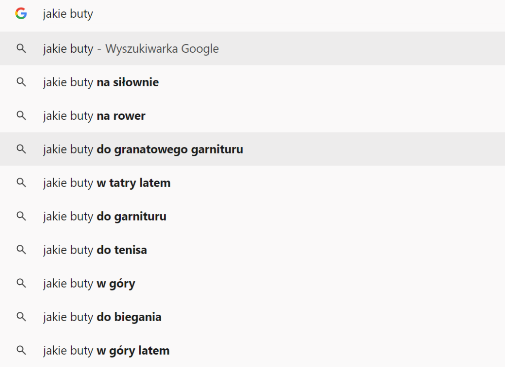 podpowiedzi google frazy kluczowe