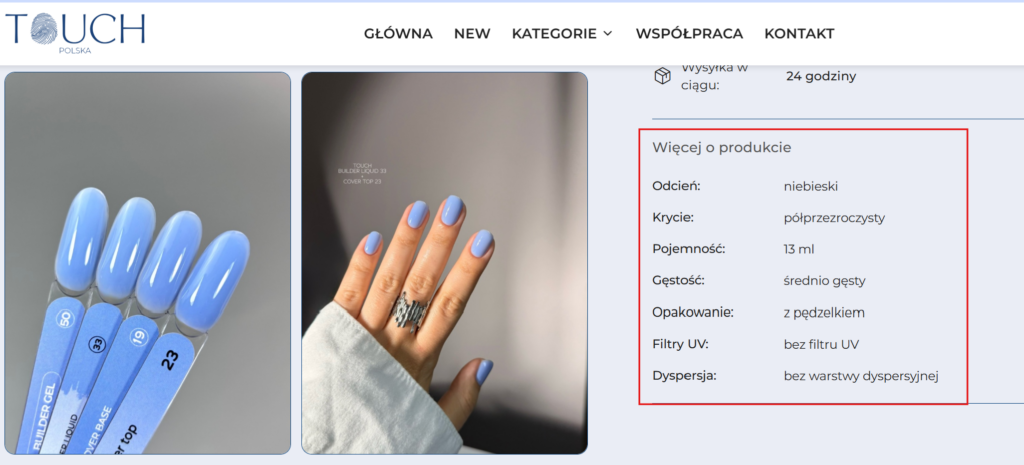 wyszczególnione informacje o produkcie