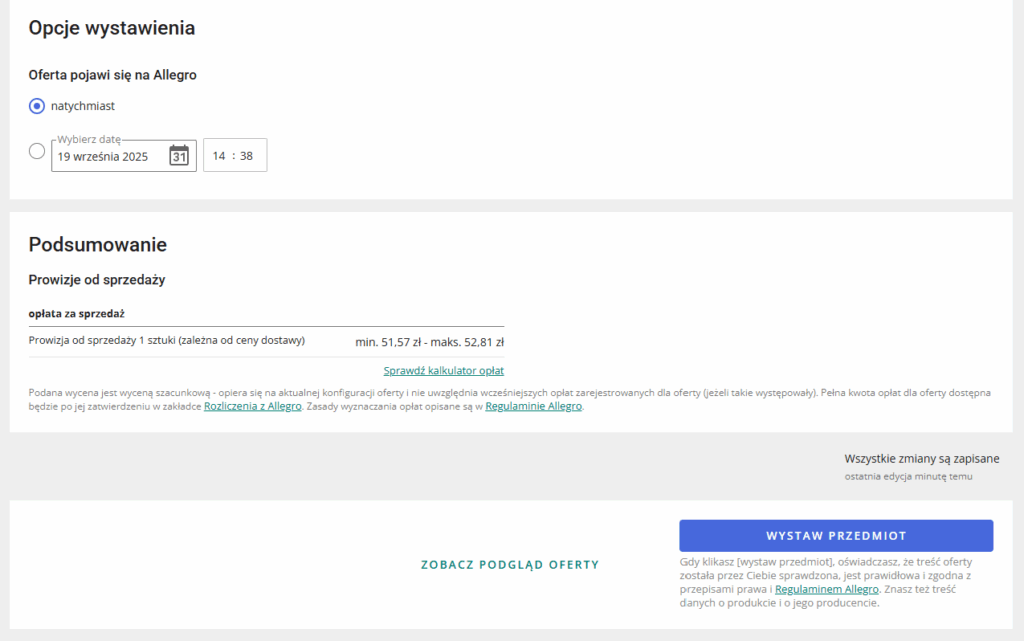ostanie etapy wystawiania oferty na Allegro