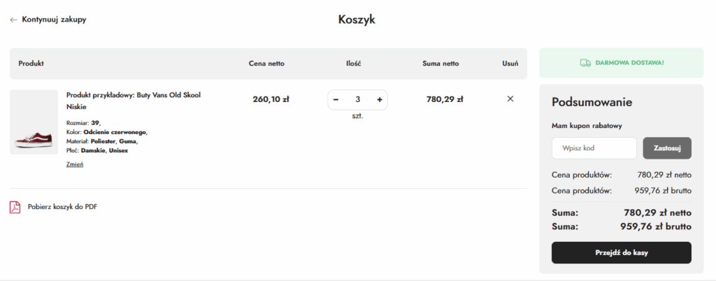 przykład przejrzystego koszyka zakupowego w sklepie internetowym (w tym wypadku prowadzonym na Sky-Shop)