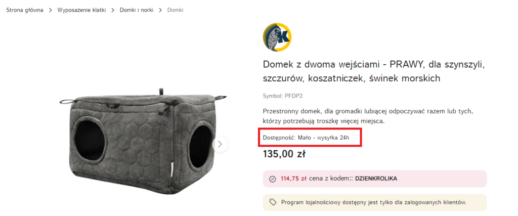 informacja o niskiej dostępności produktu na stronie sklepu krainatuptusia.pl prowadzonego na platformie Sky-Shop