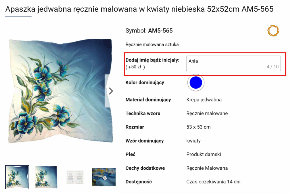 przykład personalizacji w sklepie Luma Milanówek działającym na Sky-Shop - możliwość dodania imienia