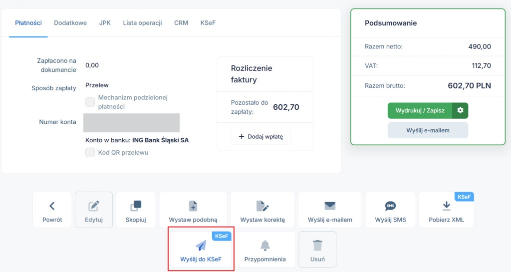 wysyłanie faktury do KSeF z poziomu oprogramowania iFirma